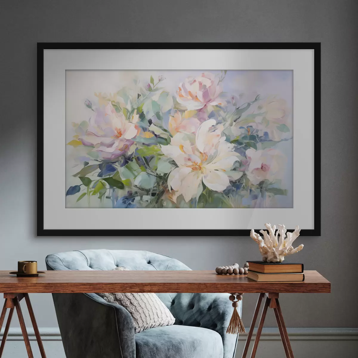 Poster Arreglo floral con flores de color pastel y hojas azules, imitación de pintura al óleo f43390