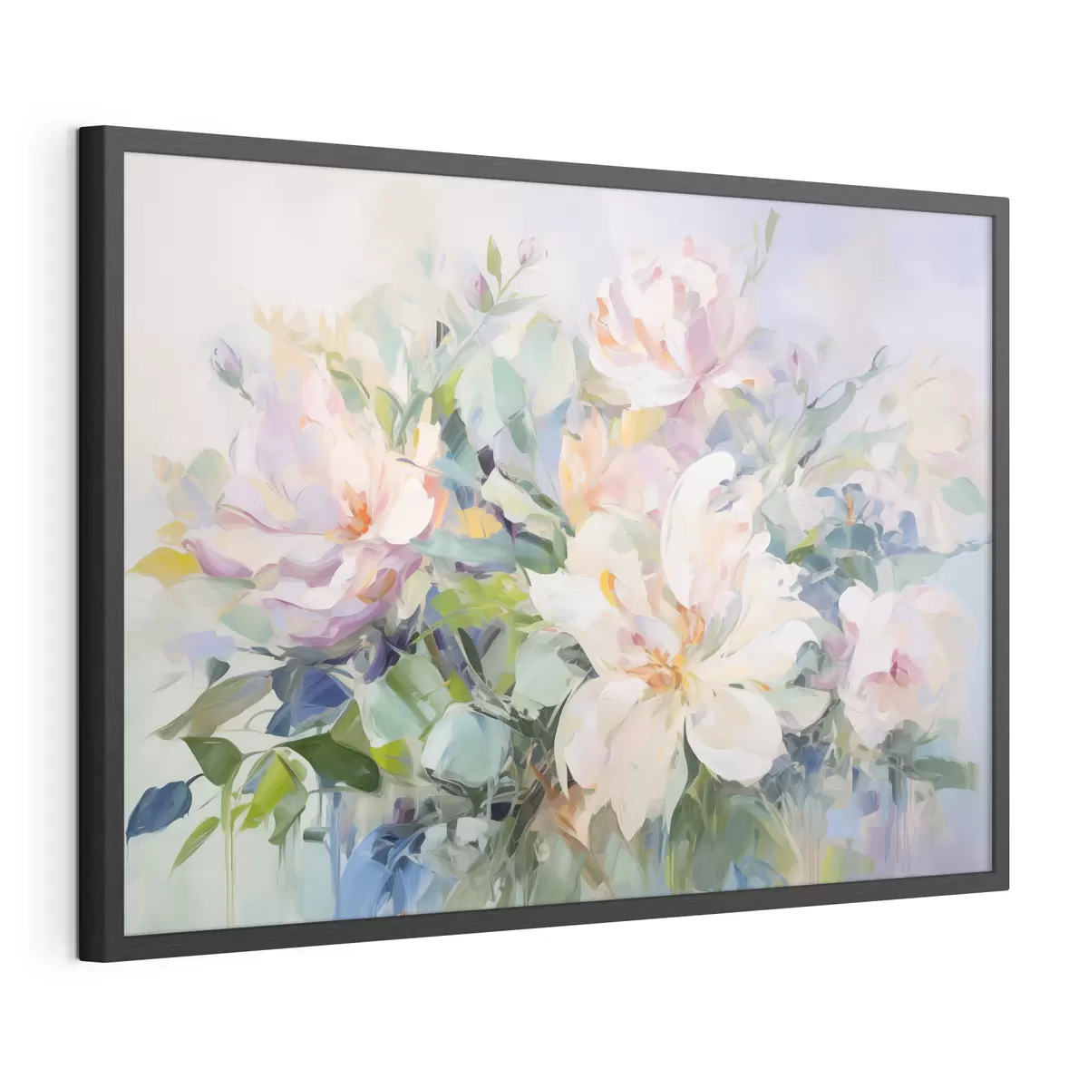 Poster Arreglo floral con flores de color pastel y hojas azules, imitación de pintura al óleo f43390