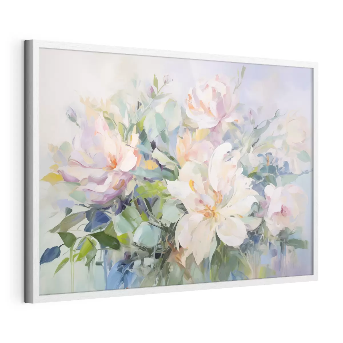Poster Arreglo floral con flores de color pastel y hojas azules, imitación de pintura al óleo f43390