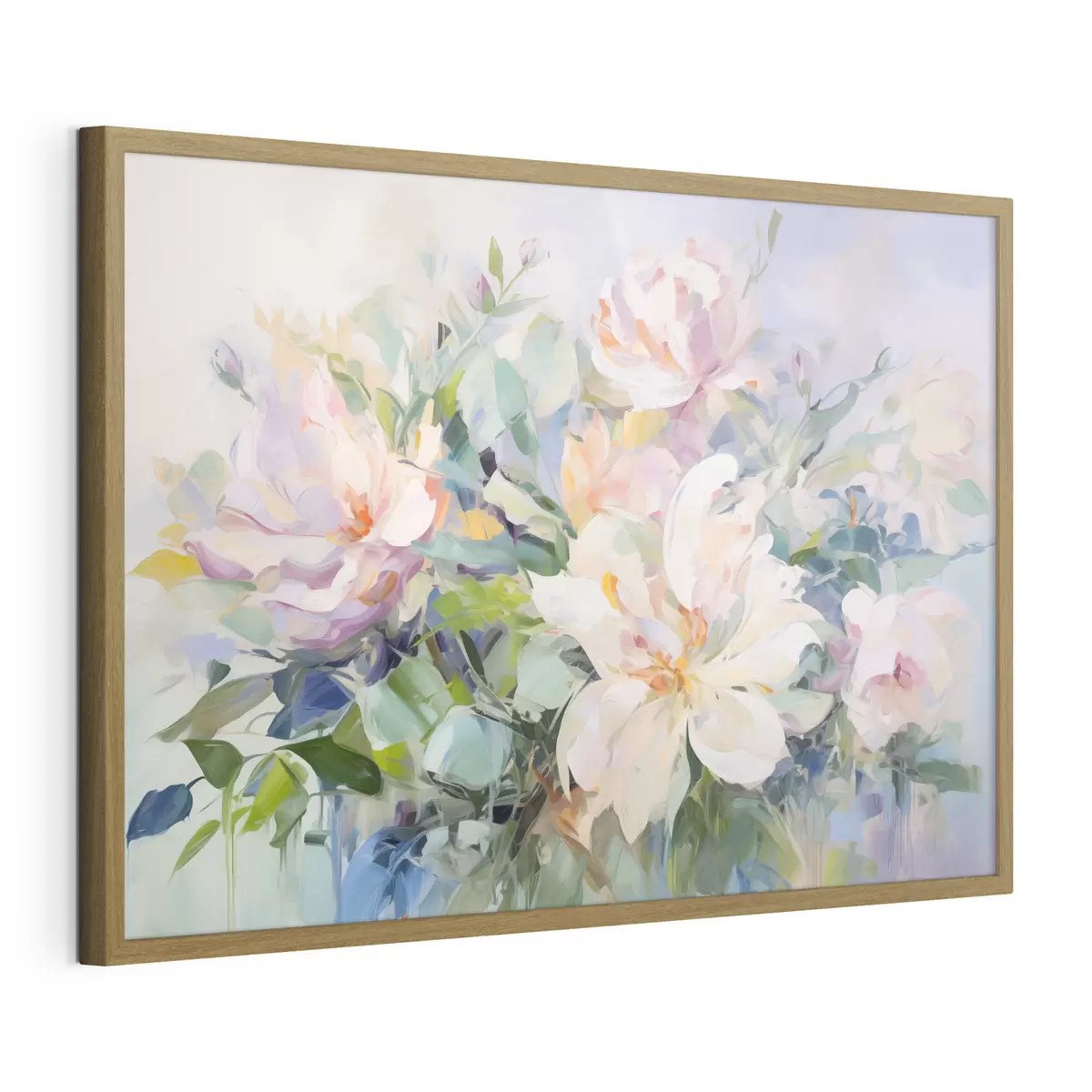 Poster Arreglo floral con flores de color pastel y hojas azules, imitación de pintura al óleo f43390