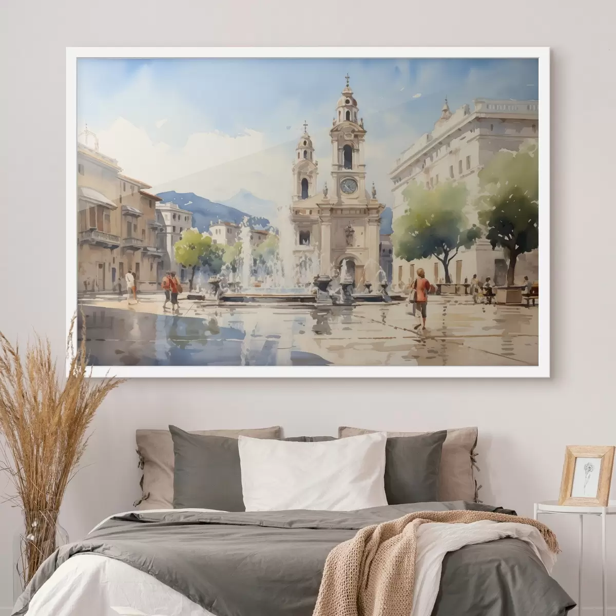 Poster Paisaje urbano abstracto con torre y una fuente en una plaza, montañas en la distancia, estilo acuarela  f43397