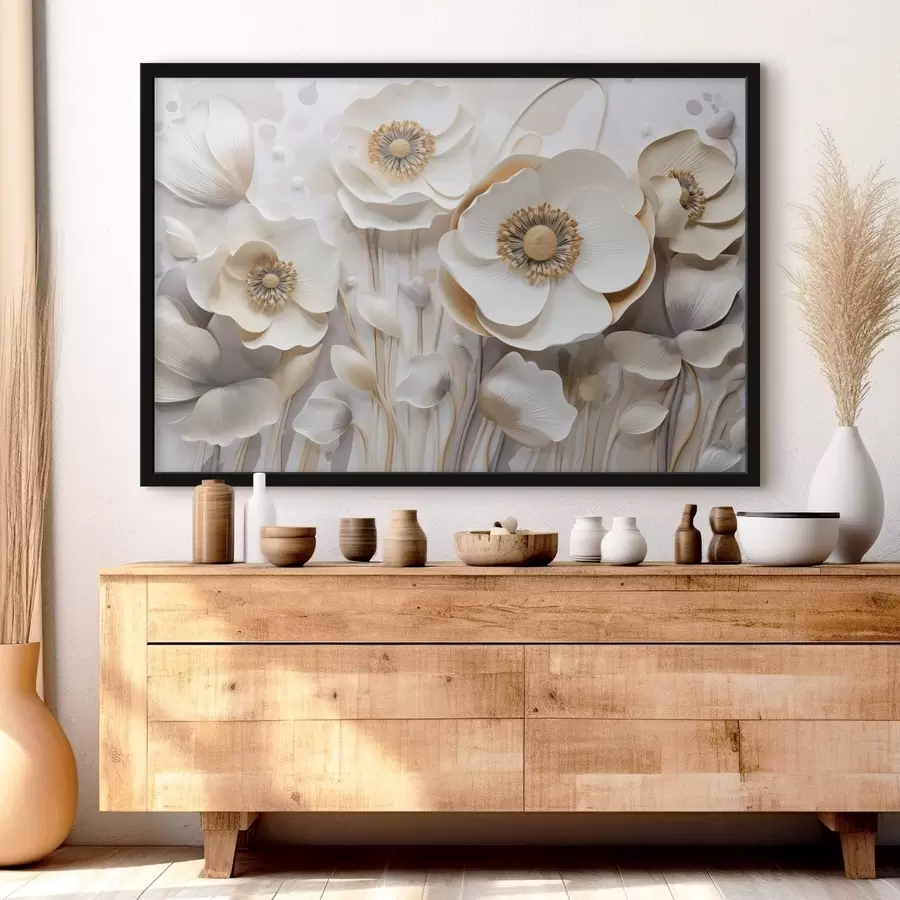 murales de pared Flores blancas de anémona con centros amarillos, con fondo minimalista, creando un delicado diseño floral f43400