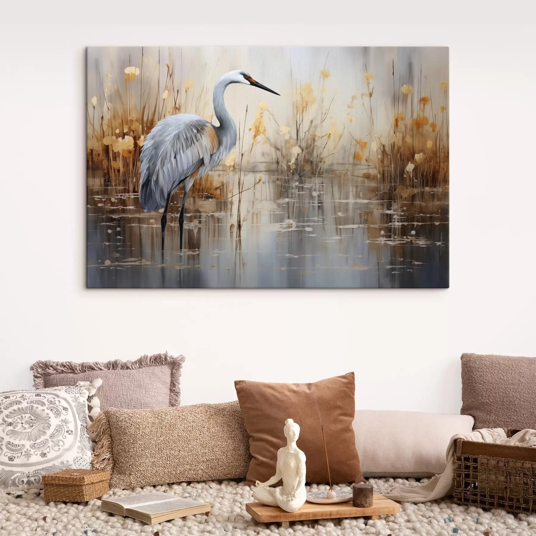murales de pared Una garza real de pie en un estanque , rodeada de plantas altas y delgadas, el fondo es una suave mezcla de beige y blanco s43398