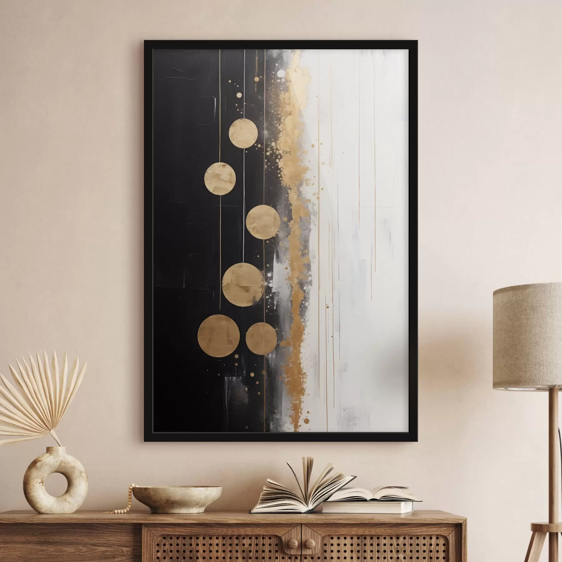 murales de pared Arte abstracto con círculos amarillos colgando sobre fondo blanco y negro con manchas blancas y amarillas f43410