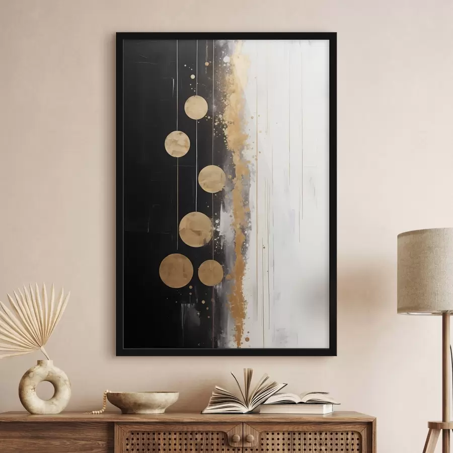 murales de pared Arte abstracto con círculos amarillos colgando sobre fondo blanco y negro con manchas blancas y amarillas f43410