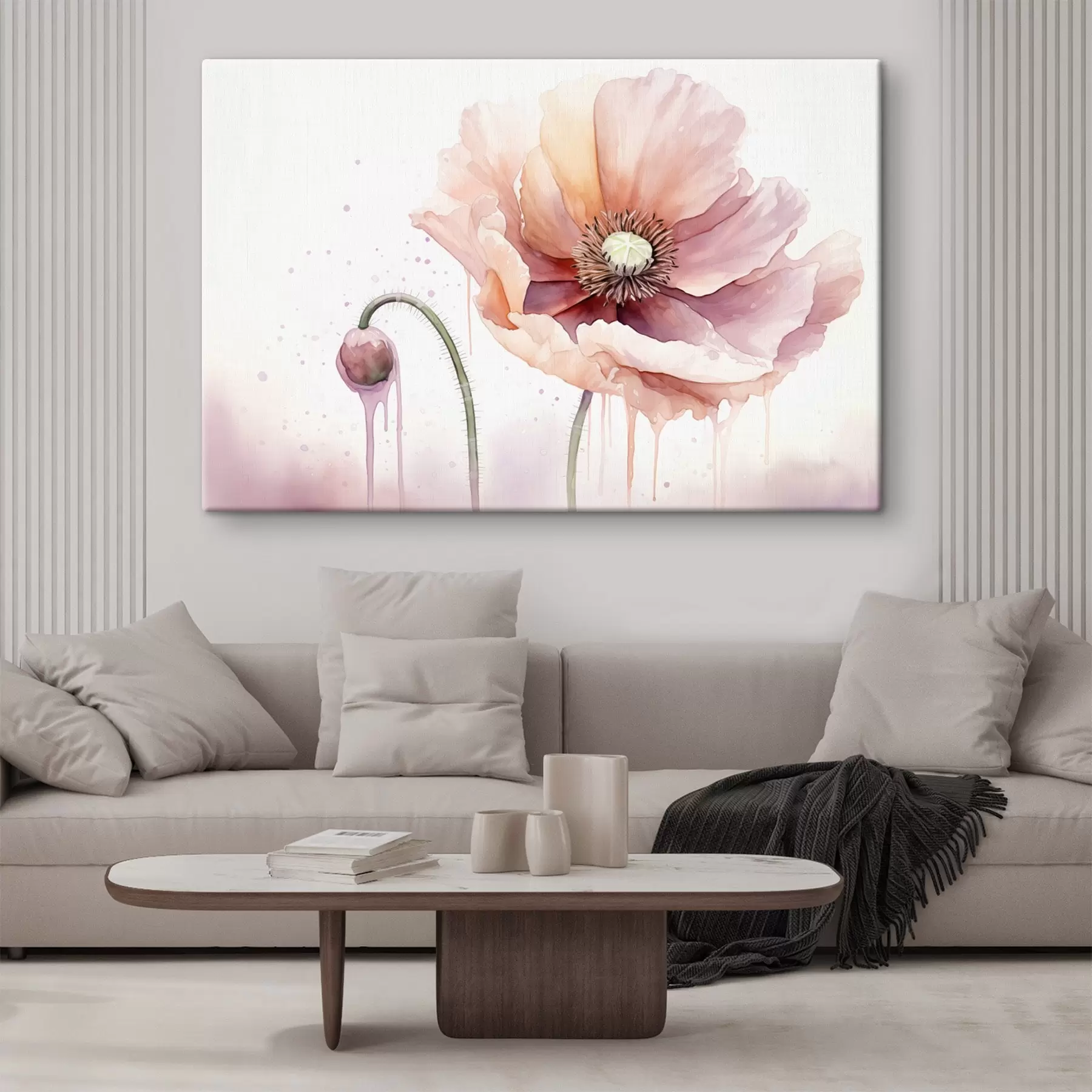 murales de pared Una flor de amapola de color rosa con un capullo sobre un fondo blanco, acuarela pintura de imitación con goteos, colores suaves s43402