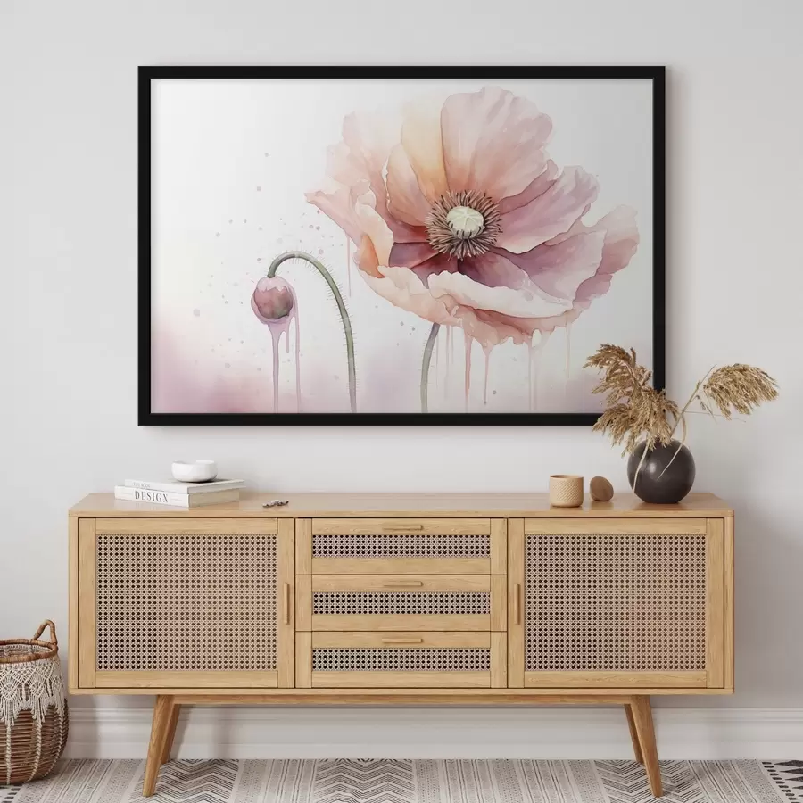 murales de pared Una flor de amapola de color rosa con un capullo sobre un fondo blanco, acuarela pintura de imitación con goteos, colores suaves f43402