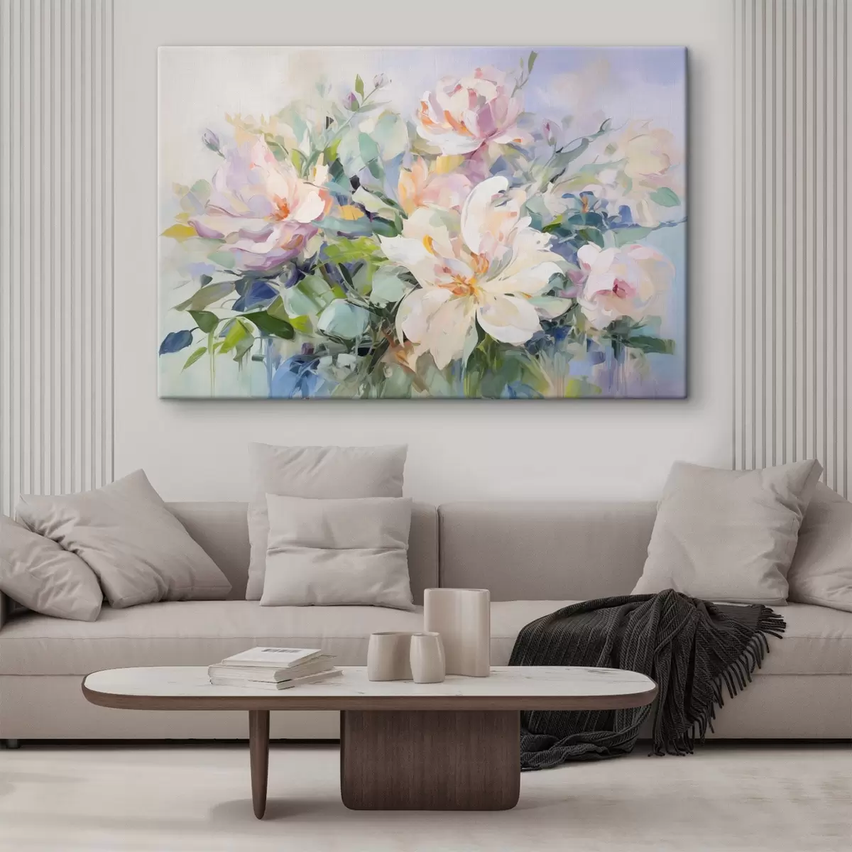 murales de pared Arreglo floral con flores de color pastel y hojas azules, imitación de pintura al óleo s43390