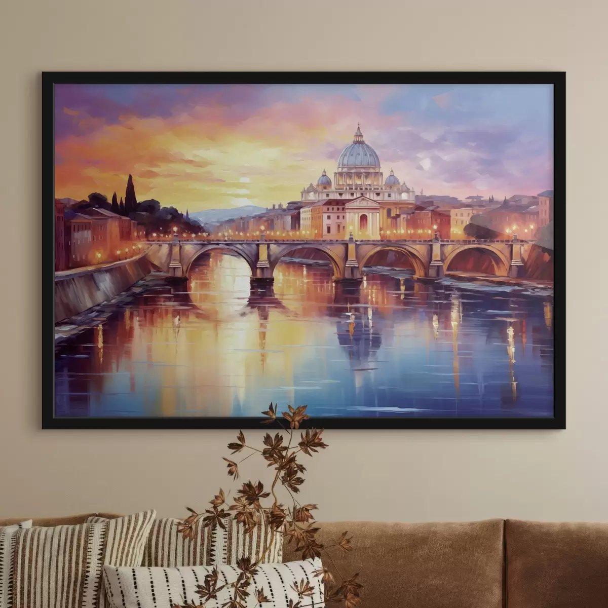 Poster Basílica de San Pedro y puente sobre el río al atardecer, colores cálidos, reflejo en el agua, estilo pintura al óleo f43396