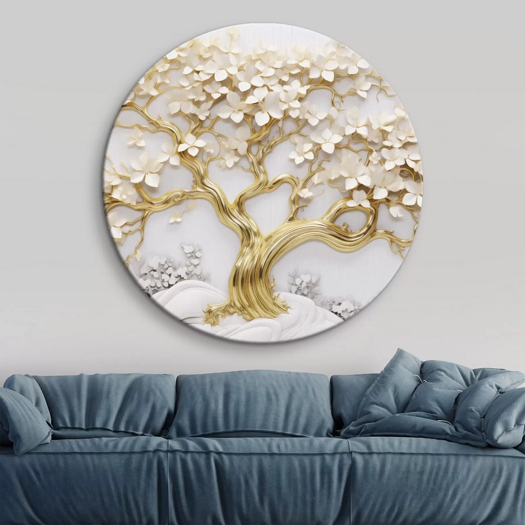 murales de pared Árbol decorativo con flores blancas, fondo blanco, rocas blancas, detalles intrincados, arte inspirado en la naturaleza r43388