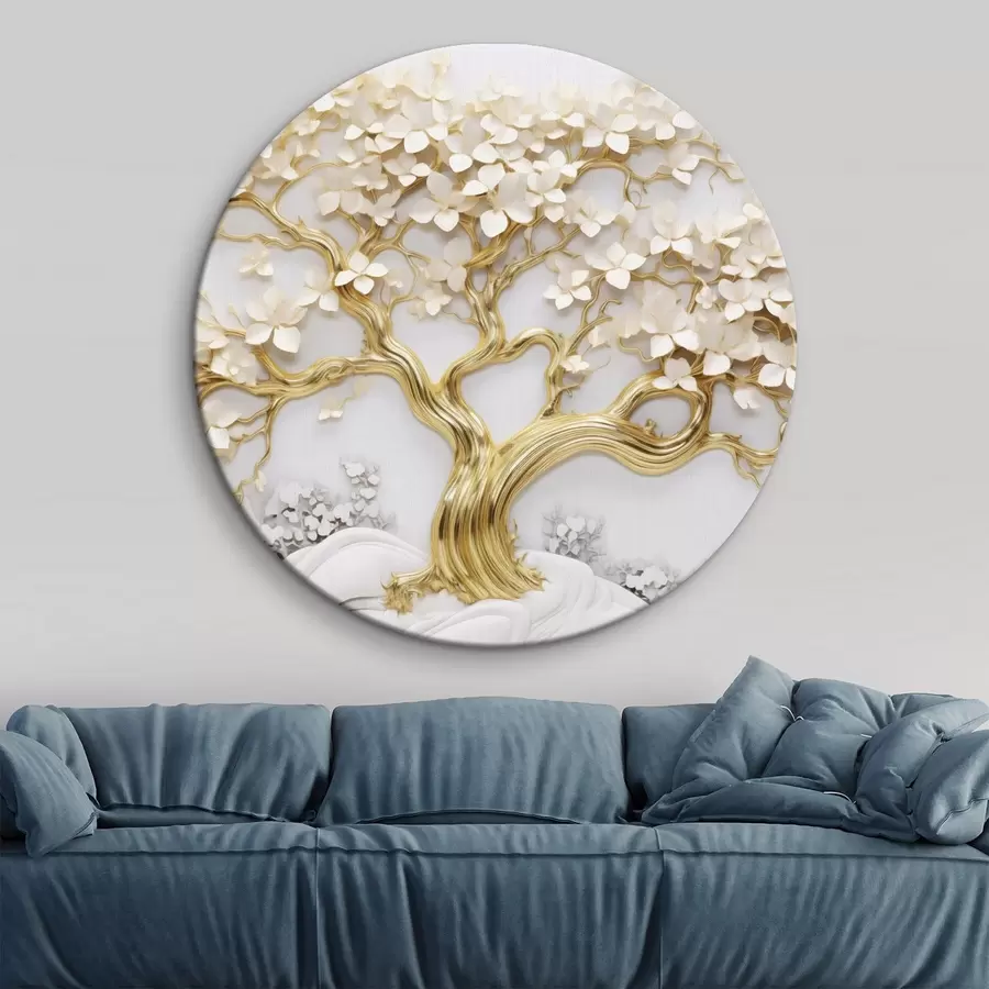 murales de pared Árbol decorativo con flores blancas, fondo blanco, rocas blancas, detalles intrincados, arte inspirado en la naturaleza r43388