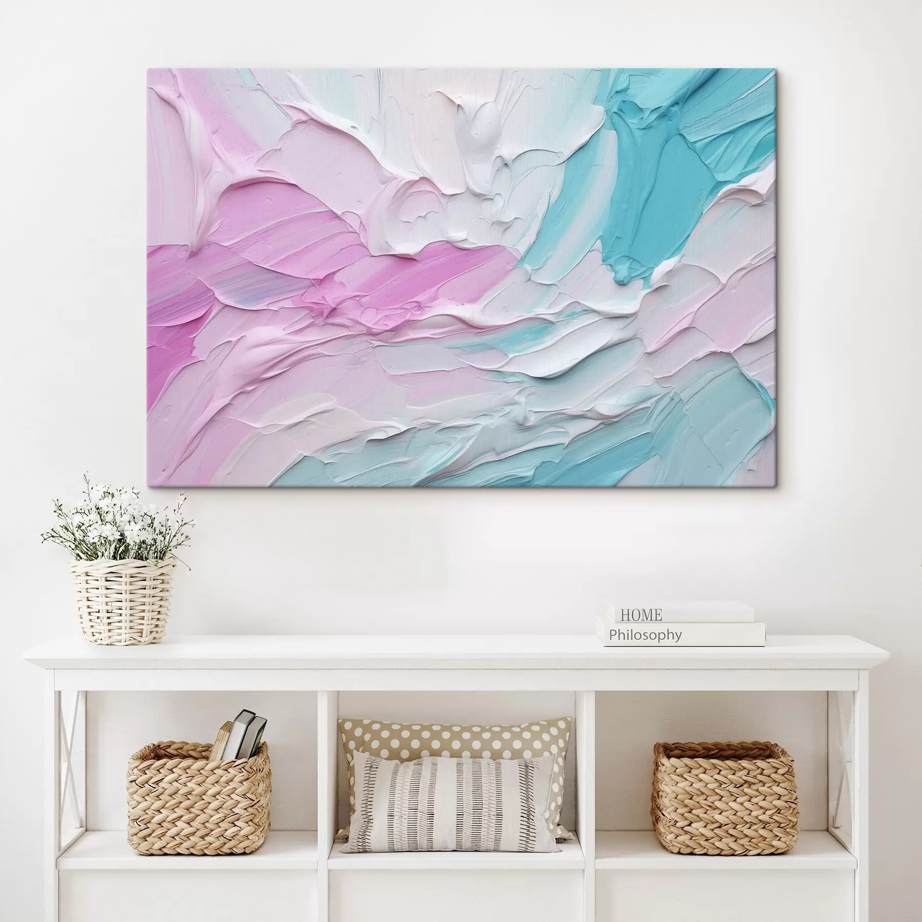 murales de pared Imitación abstracta de pintura al óleo con gruesas pinceladas de pintura rosa, blanca y turquesa, que crean un efecto texturizado s43393