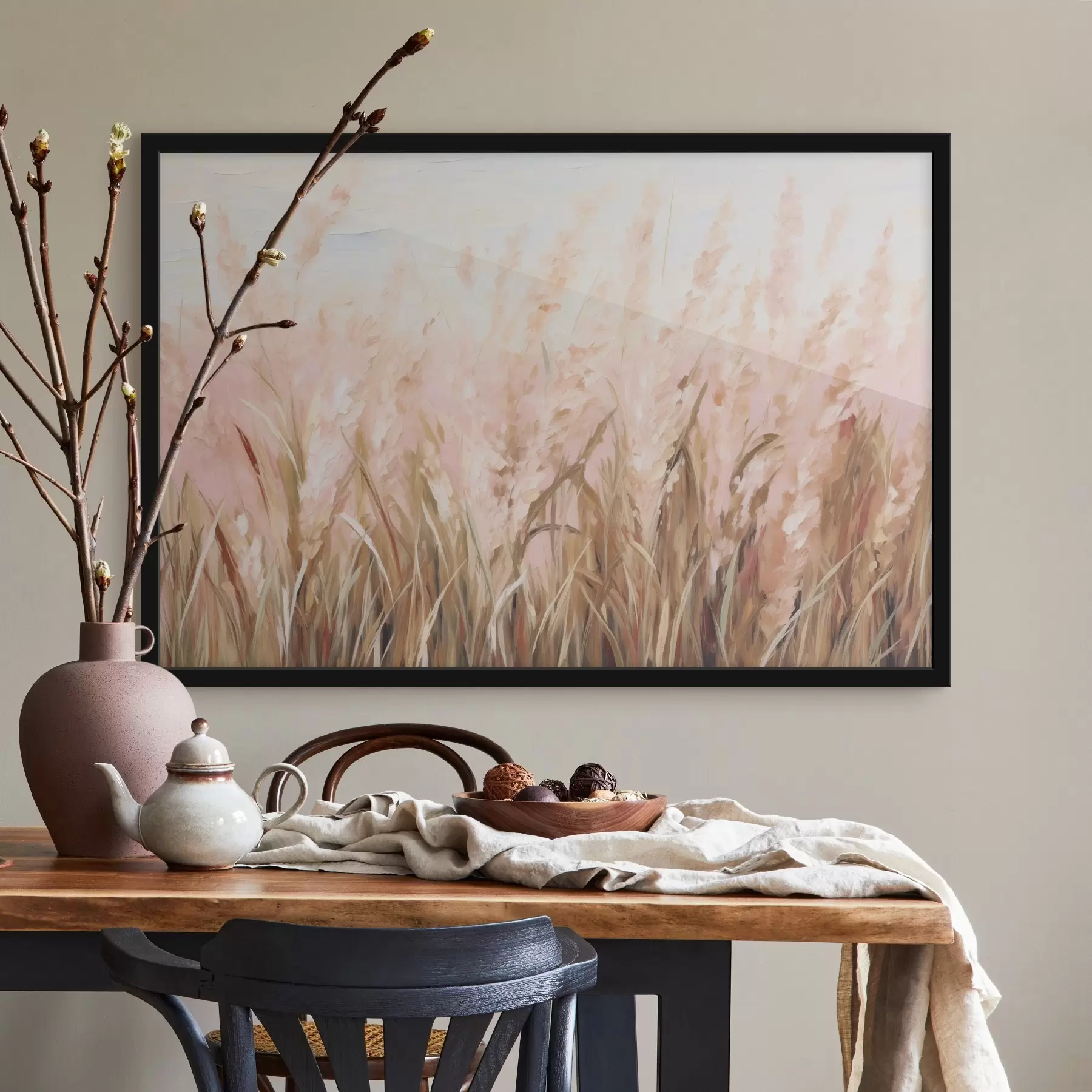 murales de pared Campo de hierba de la Pampa con tonos rosas y marrones, pinceladas suaves, pintura al óleo abstracta imitación arte f43403