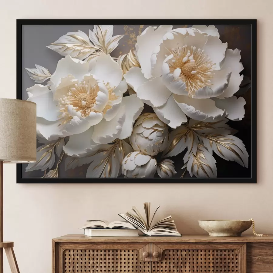 murales de pared Peonías blancas y amarillas con hojas, detalles intrincados, arte decorativo, fondo oscuro f43399