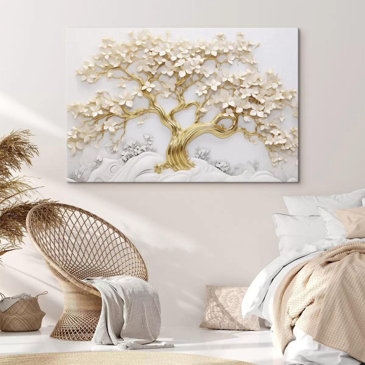 murales de pared Árbol decorativo con flores blancas, fondo blanco, rocas blancas, detalles intrincados, arte inspirado en la naturaleza s43388