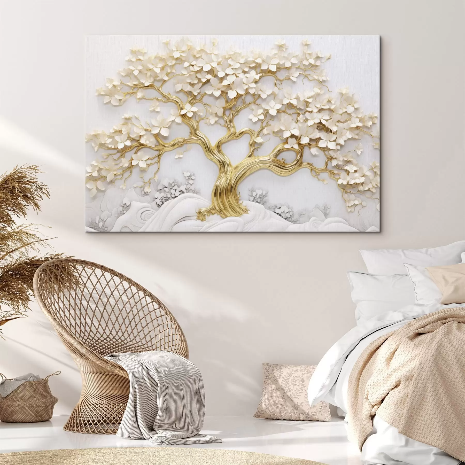 murales de pared Árbol decorativo con flores blancas, fondo blanco, rocas blancas, detalles intrincados, arte inspirado en la naturaleza s43388