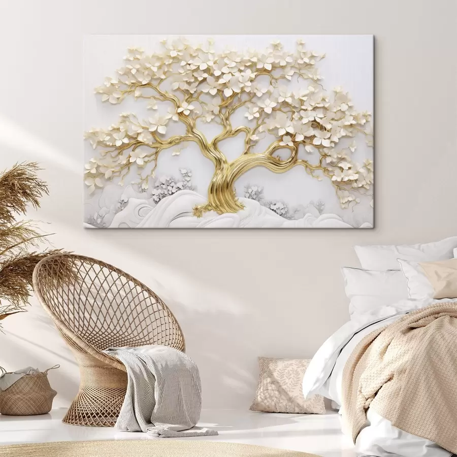 murales de pared Árbol decorativo con flores blancas, fondo blanco, rocas blancas, detalles intrincados, arte inspirado en la naturaleza s43388