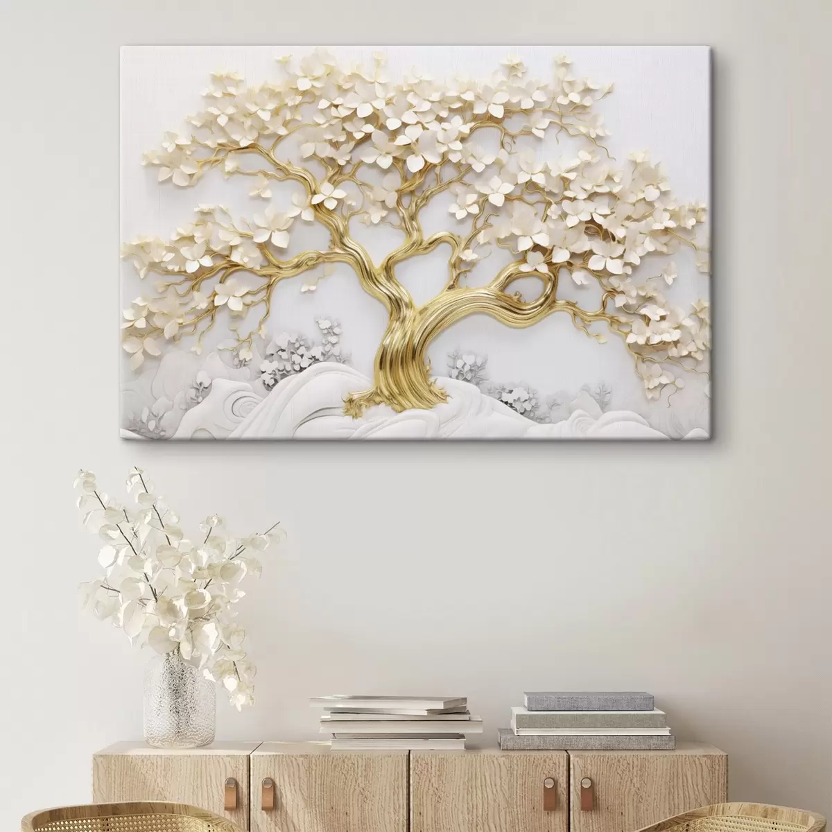 murales de pared Árbol decorativo con flores blancas, fondo blanco, rocas blancas, detalles intrincados, arte inspirado en la naturaleza s43388