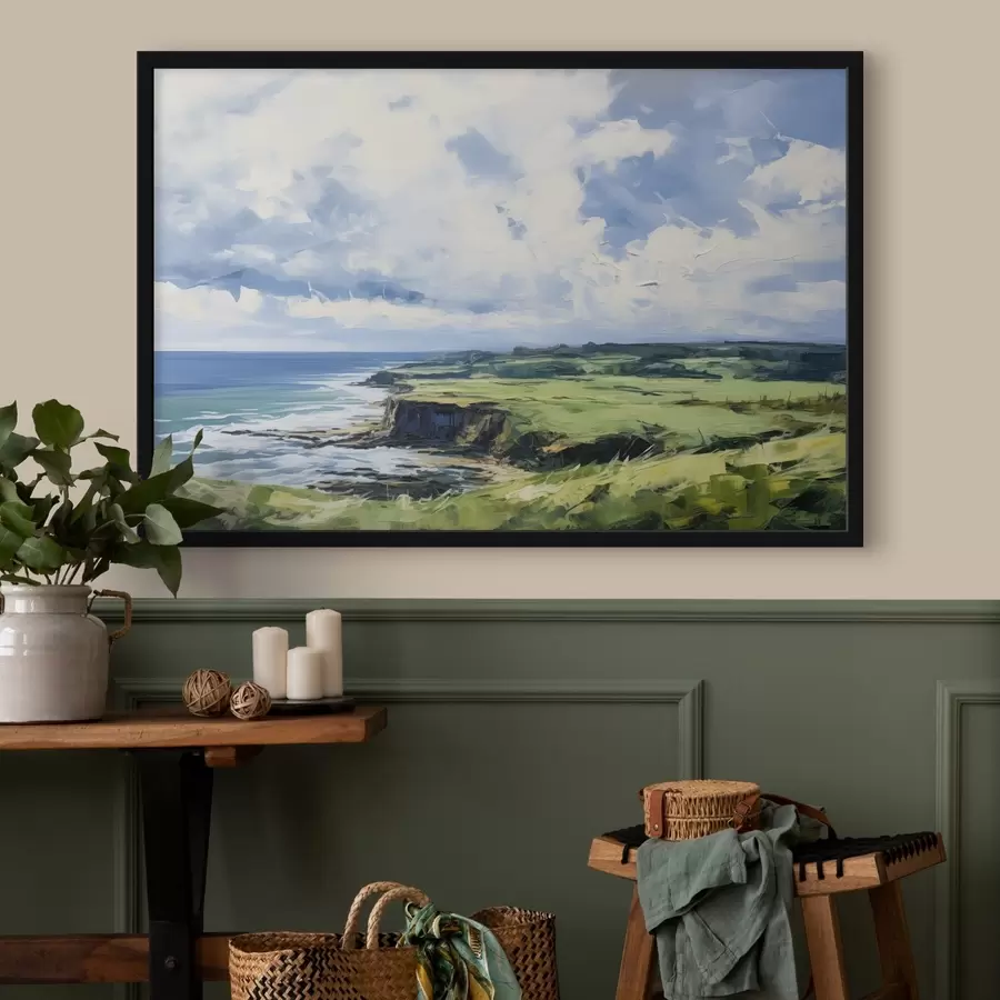 murales de pared Campo verde con un acantilado en la costa, mar azul con olas, cielo nublado, minimalista moderna pintura al óleo de imitación f43406