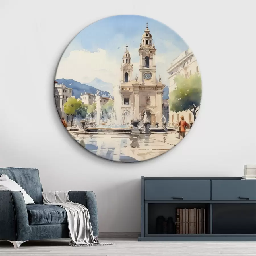 murales de pared Paisaje urbano abstracto con torre y una fuente en una plaza, montañas en la distancia, estilo acuarela r43397