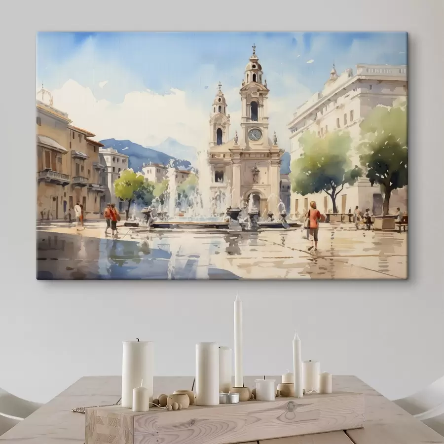 murales de pared Paisaje urbano abstracto con torre y una fuente en una plaza, montañas en la distancia, estilo acuarela s43397