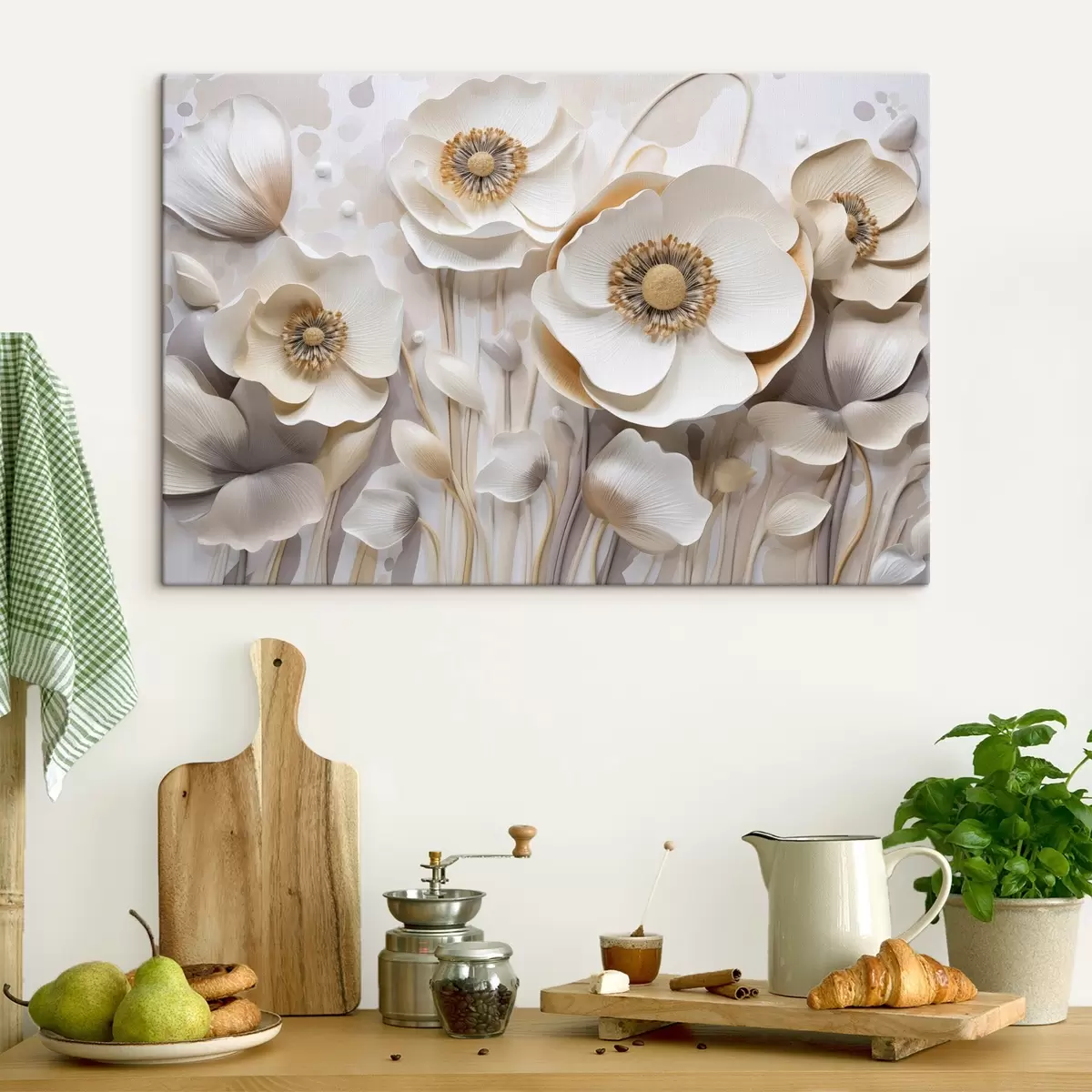 murales de pared Flores blancas de anémona con centros amarillos, con fondo minimalista, creando un delicado diseño floral s43400