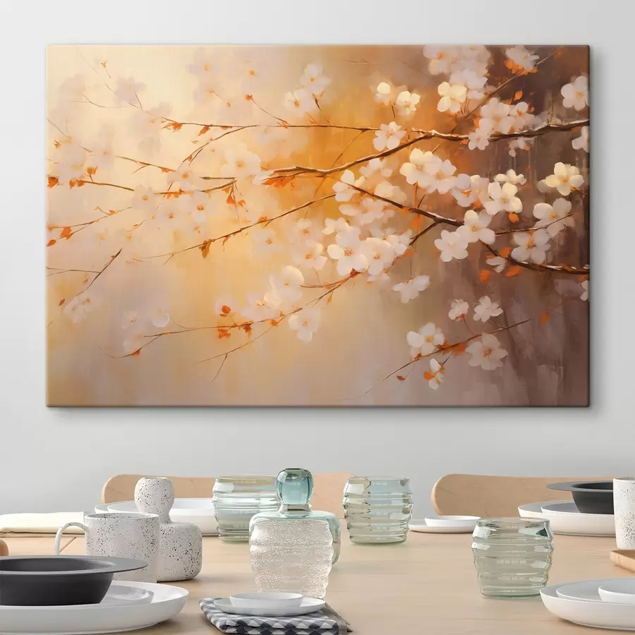 murales de pared Ramas de cerezo en flor con flores anaranjadas, paleta de colores cálidos, sobre un fondo difuminado de tonos amarillos s43407