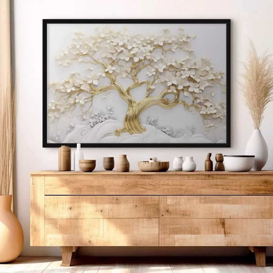 murales de pared Árbol decorativo con flores blancas, fondo blanco, rocas blancas, detalles intrincados, arte inspirado en la naturaleza f43388
