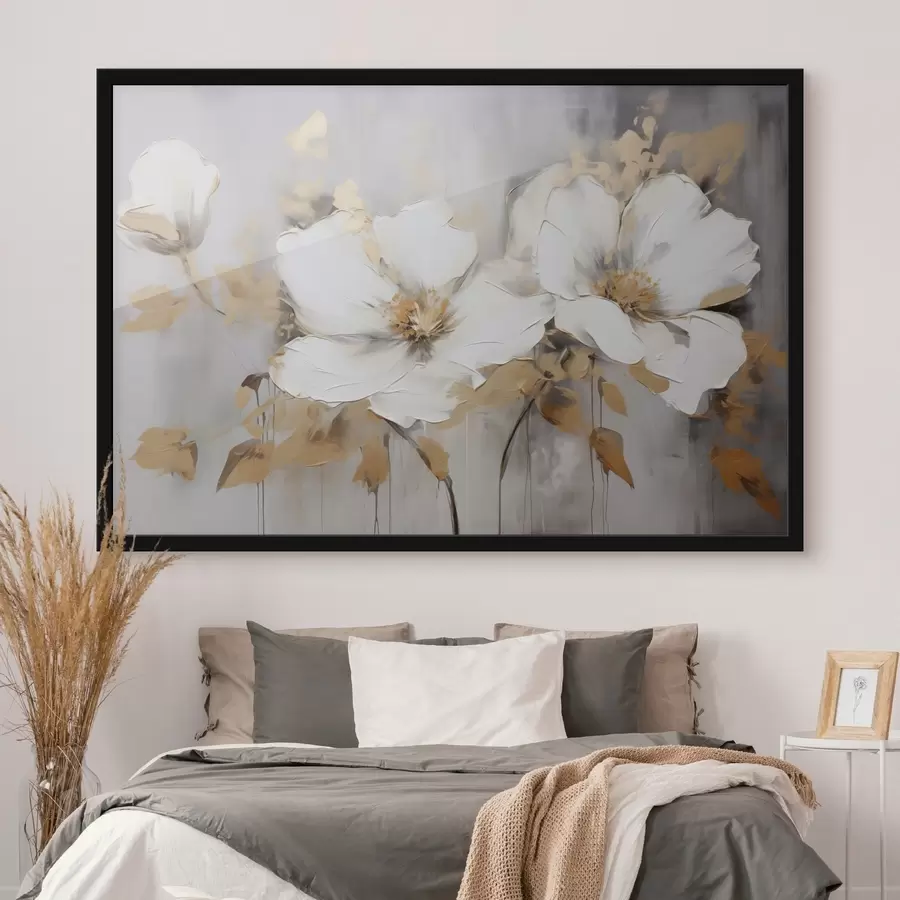 murales de pared Flores blancas con hojas amarillas sobre fondo blanco, imitación de pinceladas gruesas, estilo moderno texturizado f43389