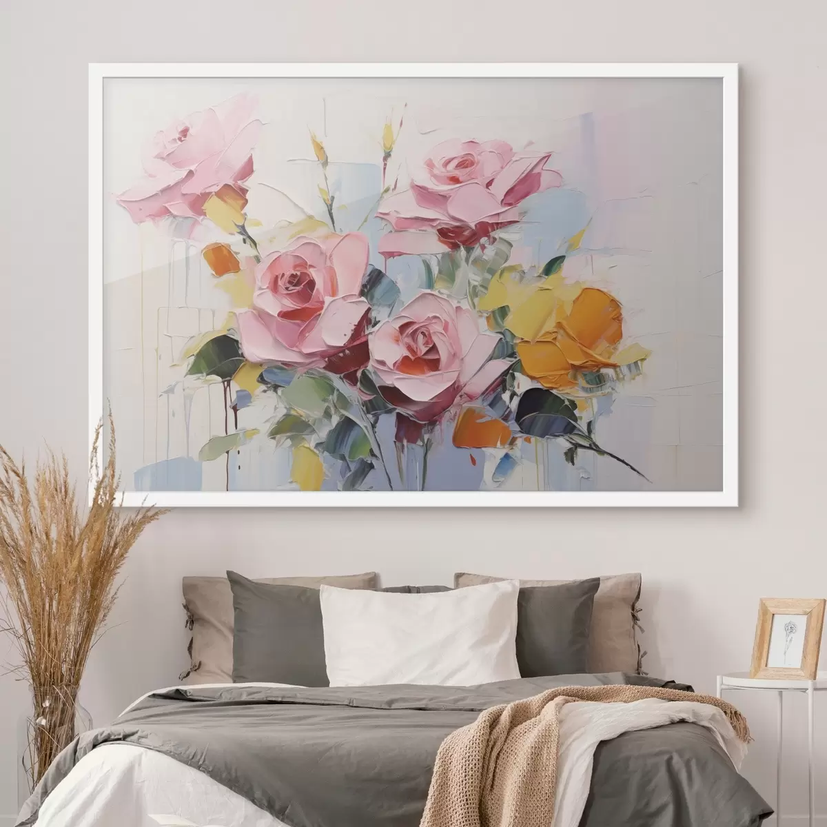Poster Arte abstracto moderno de rosas rosas y amarillas con hojas, pinceladas gruesas, imitación de pintura al óleo, colores pastel f43392