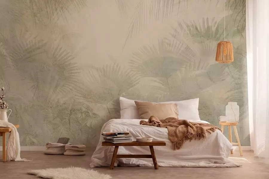 murales de pared Papel pintado retro tropical texturizado en tonos beige w03399