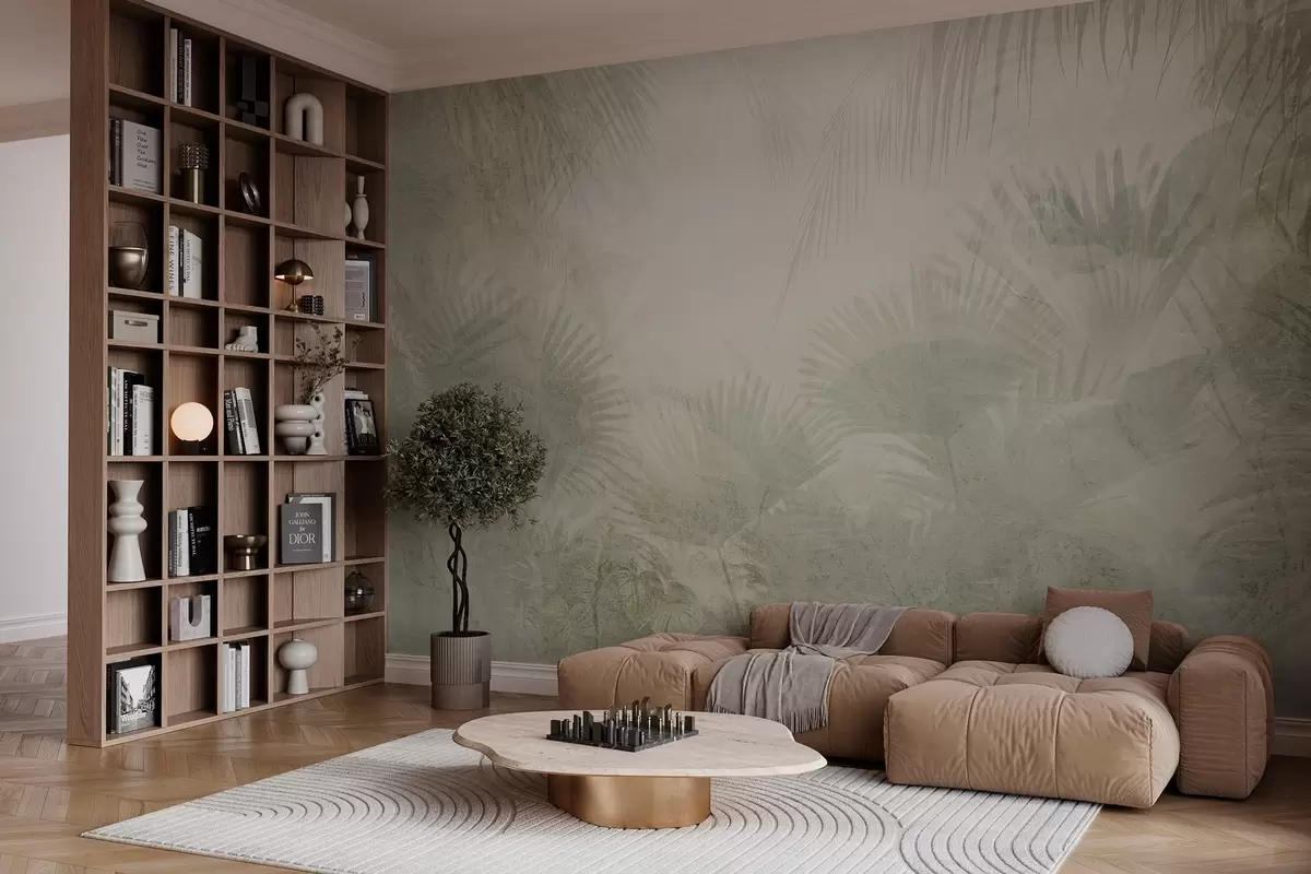 murales de pared Papel pintado retro tropical texturizado en tonos beige w03399