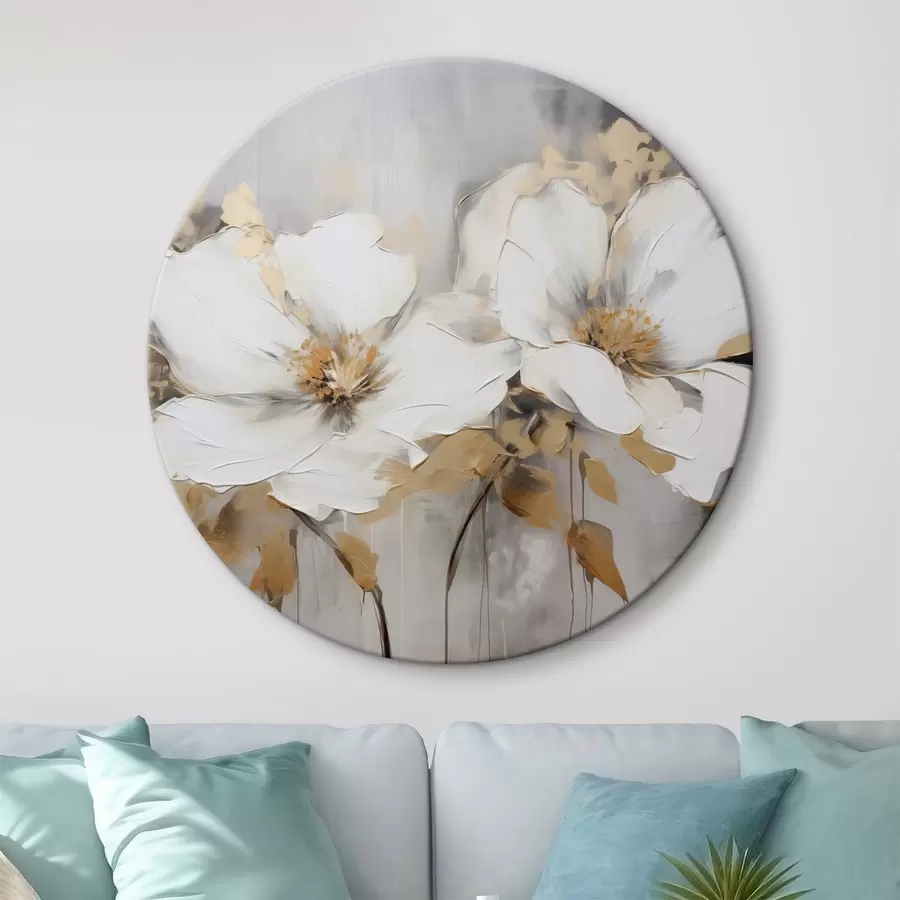 murales de pared Flores blancas con hojas amarillas sobre fondo blanco, imitación de pinceladas gruesas, estilo moderno texturizado r43389