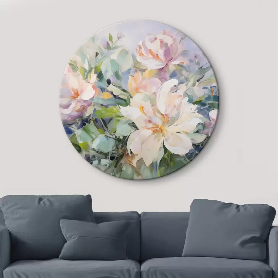 murales de pared Arreglo floral con flores de color pastel y hojas azules, imitación de pintura al óleo r43390