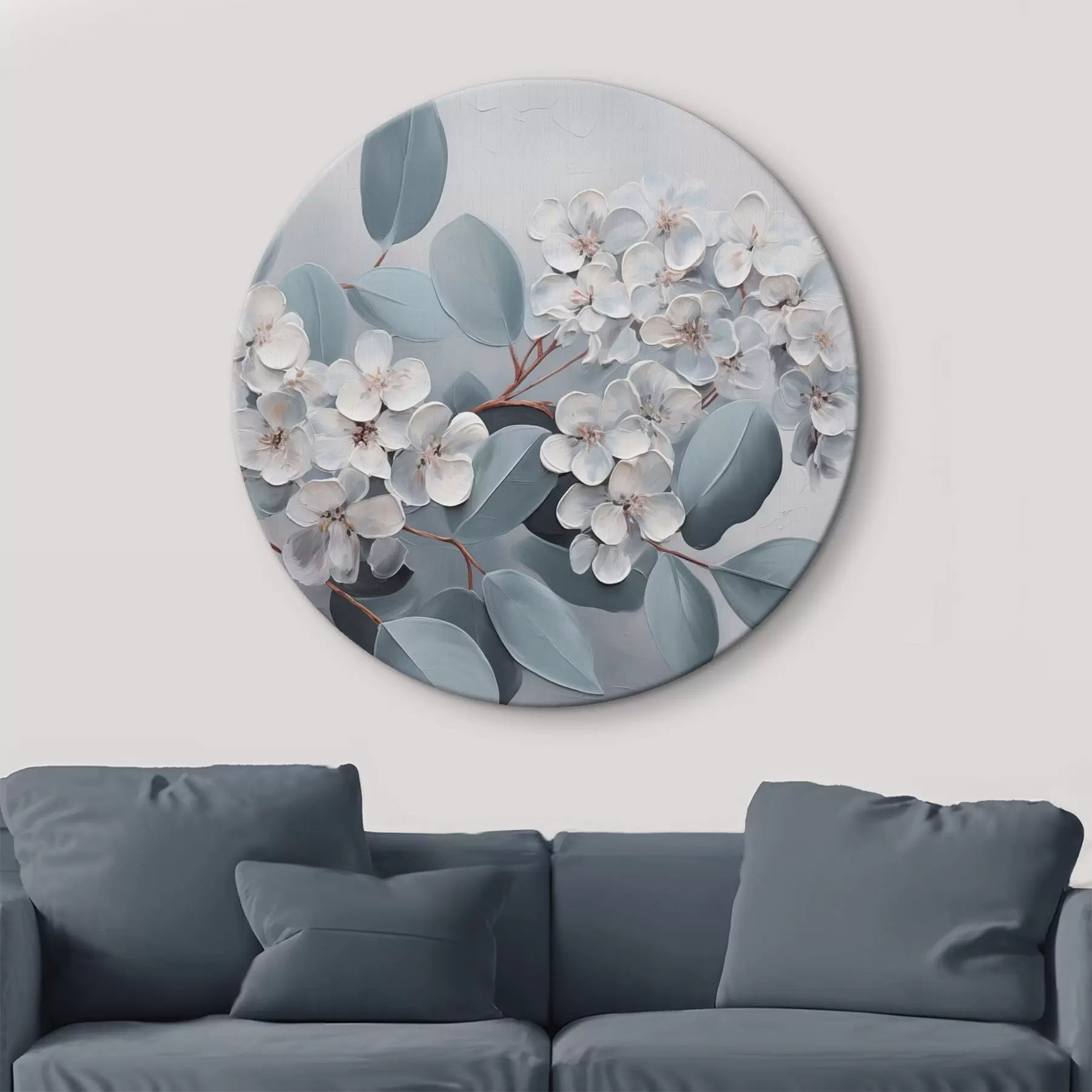 murales de pared Una rama de flores de hortensia blanca en plena floración, con hojas azules sobre un fondo gris claro, estilo pintura al óleo r43391