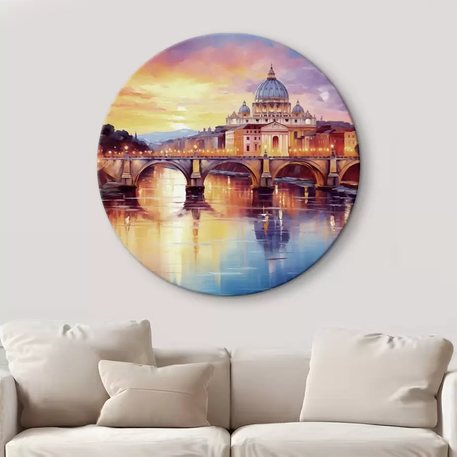 murales de pared Basílica de San Pedro y puente sobre el río al atardecer, colores cálidos, reflejo en el agua, estilo pintura al óleo r43396