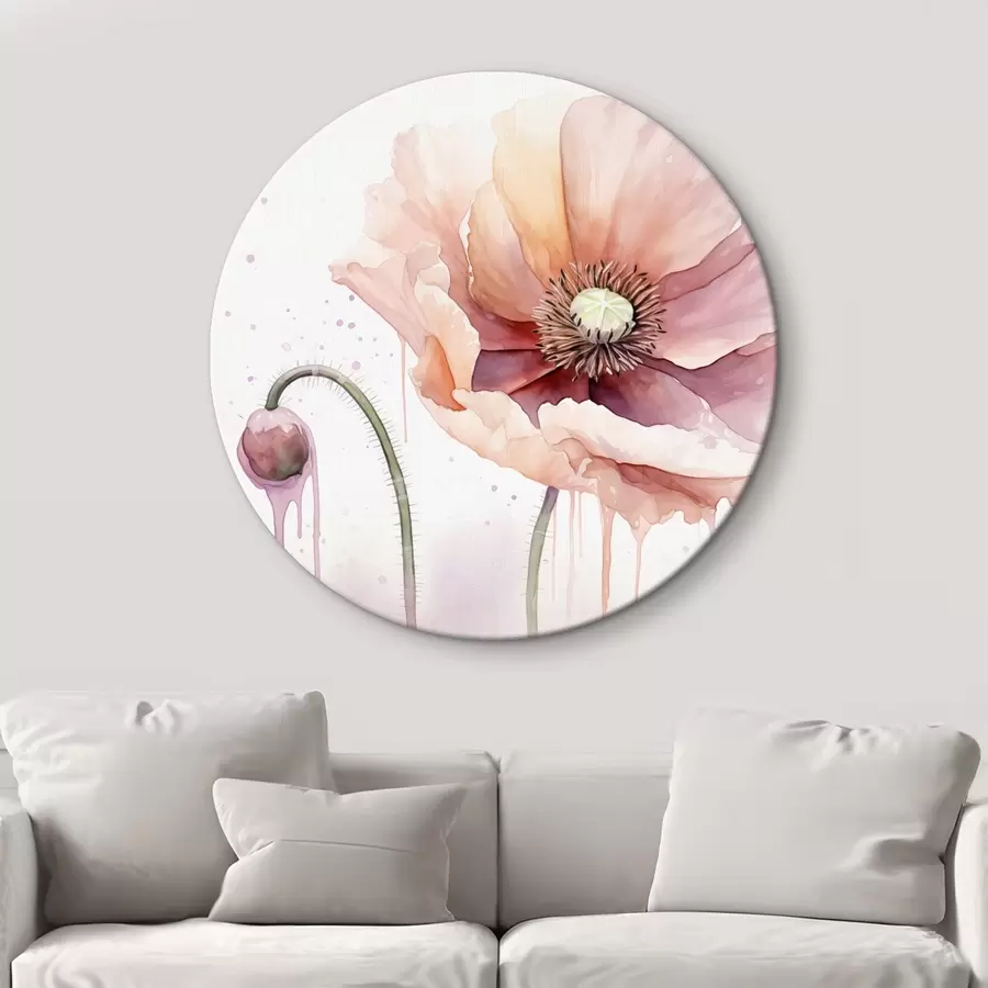 murales de pared Una flor de amapola de color rosa con un capullo sobre un fondo blanco, acuarela pintura de imitación con goteos, colores suaves r43402