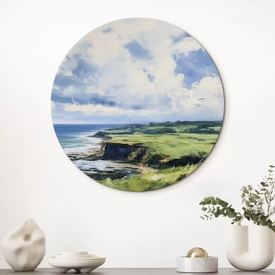murales de pared Campo verde con un acantilado en la costa, mar azul con olas, cielo nublado, minimalista moderna pintura al óleo de imitación r43406