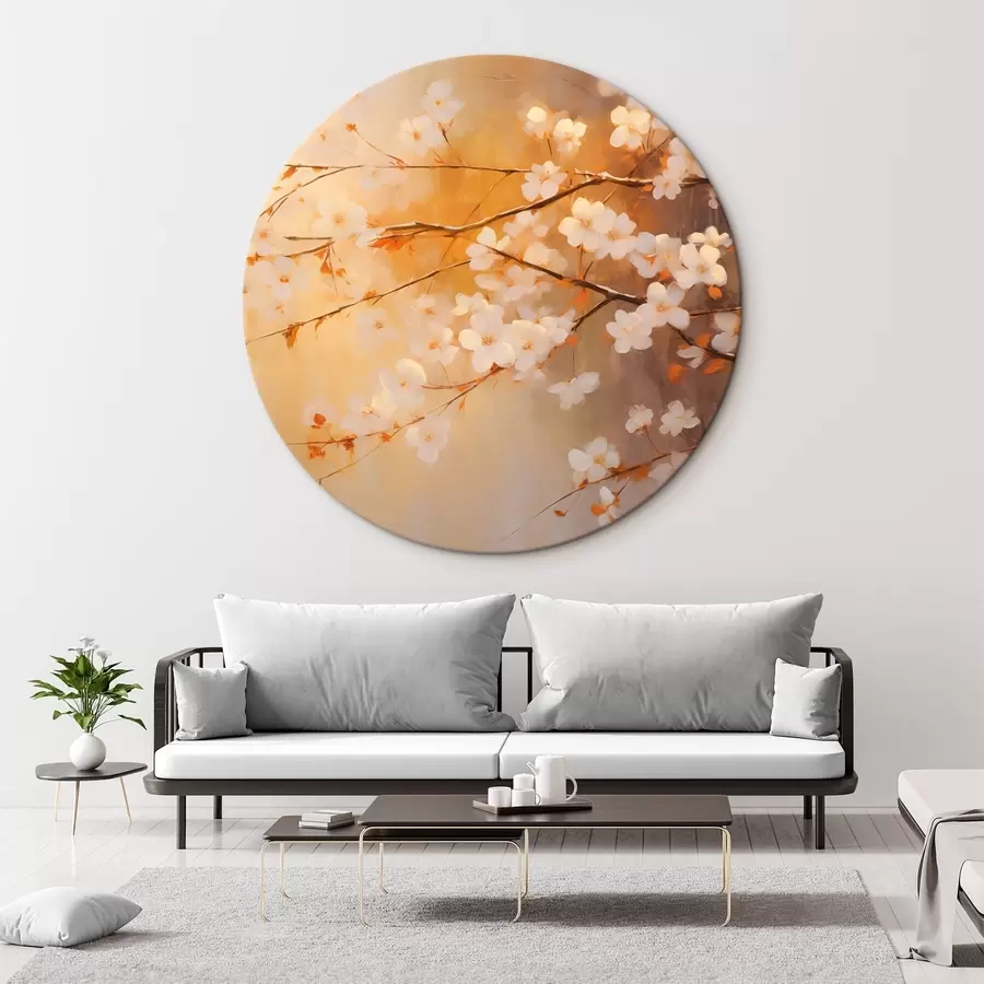 murales de pared Ramas de cerezo en flor con flores anaranjadas, paleta de colores cálidos, sobre un fondo difuminado de tonos amarillos r43407