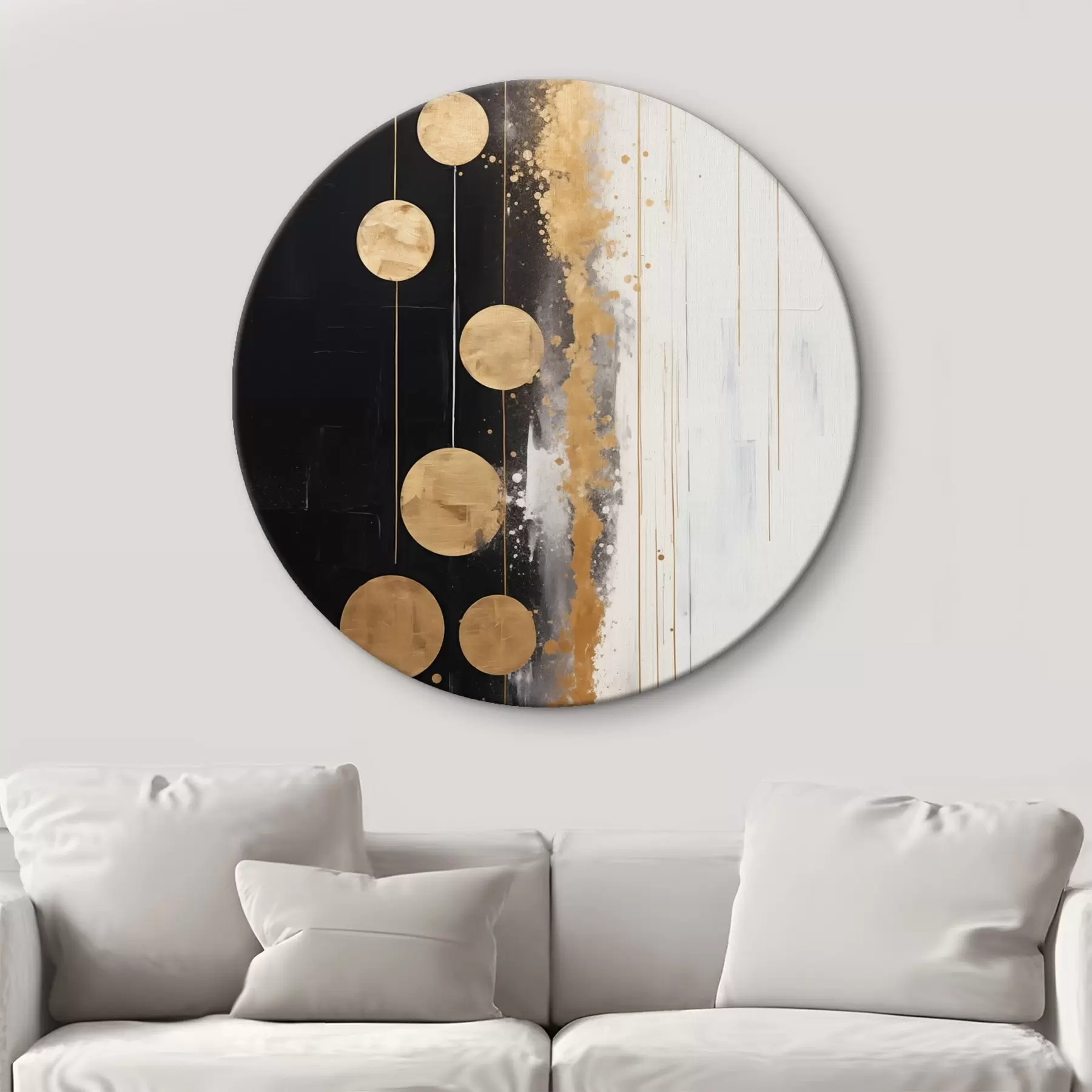 murales de pared Arte abstracto con círculos amarillos colgando sobre fondo blanco y negro con manchas blancas y amarillas r43410