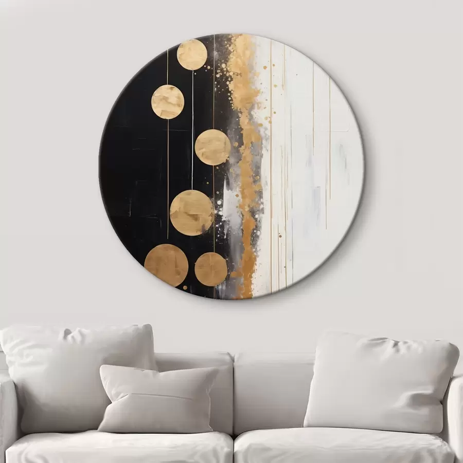 murales de pared Arte abstracto con círculos amarillos colgando sobre fondo blanco y negro con manchas blancas y amarillas r43410