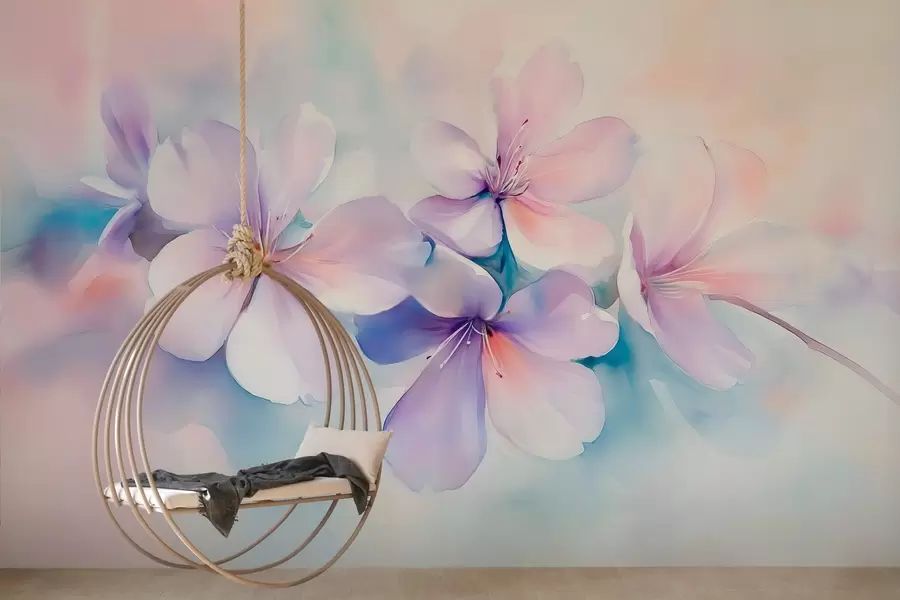 murales de pared Delicada rama con flores en estilo acuarela w03450