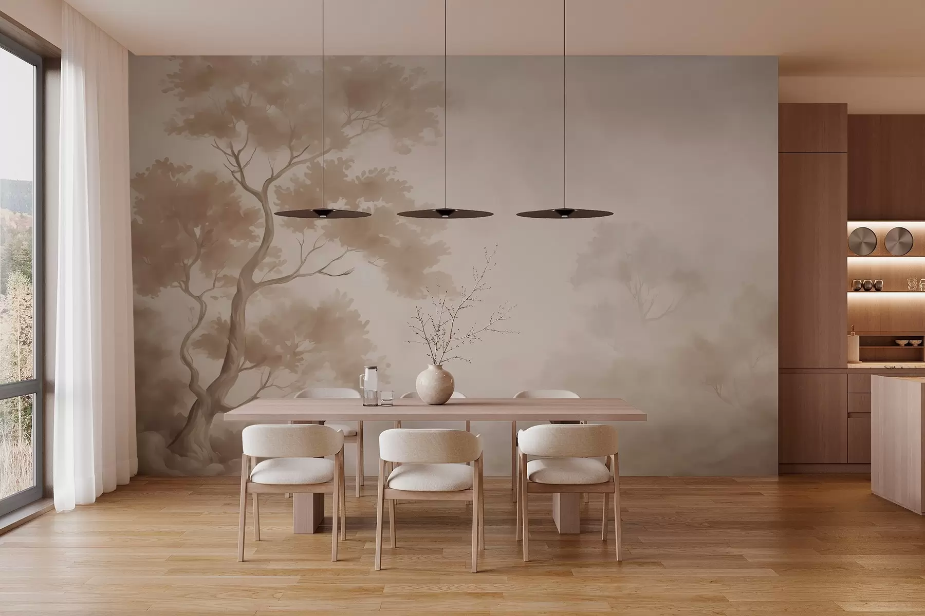 murales de pared Árbol imitación acuarela difuminada w03471