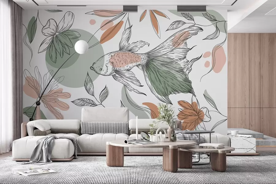 murales de pared Dibujo lineal pez con flores, minimalismo, marino, floral, colores naturales w03448