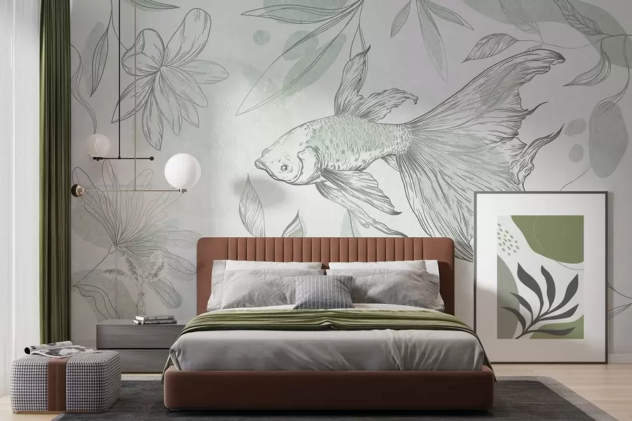 murales de pared Pez con elementos florales, fondo verde, dibujo lineal w03517v1