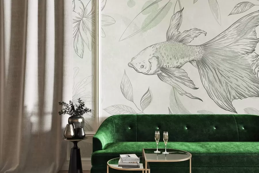 murales de pared Pez con elementos florales, fondo verde, dibujo lineal w03517v1