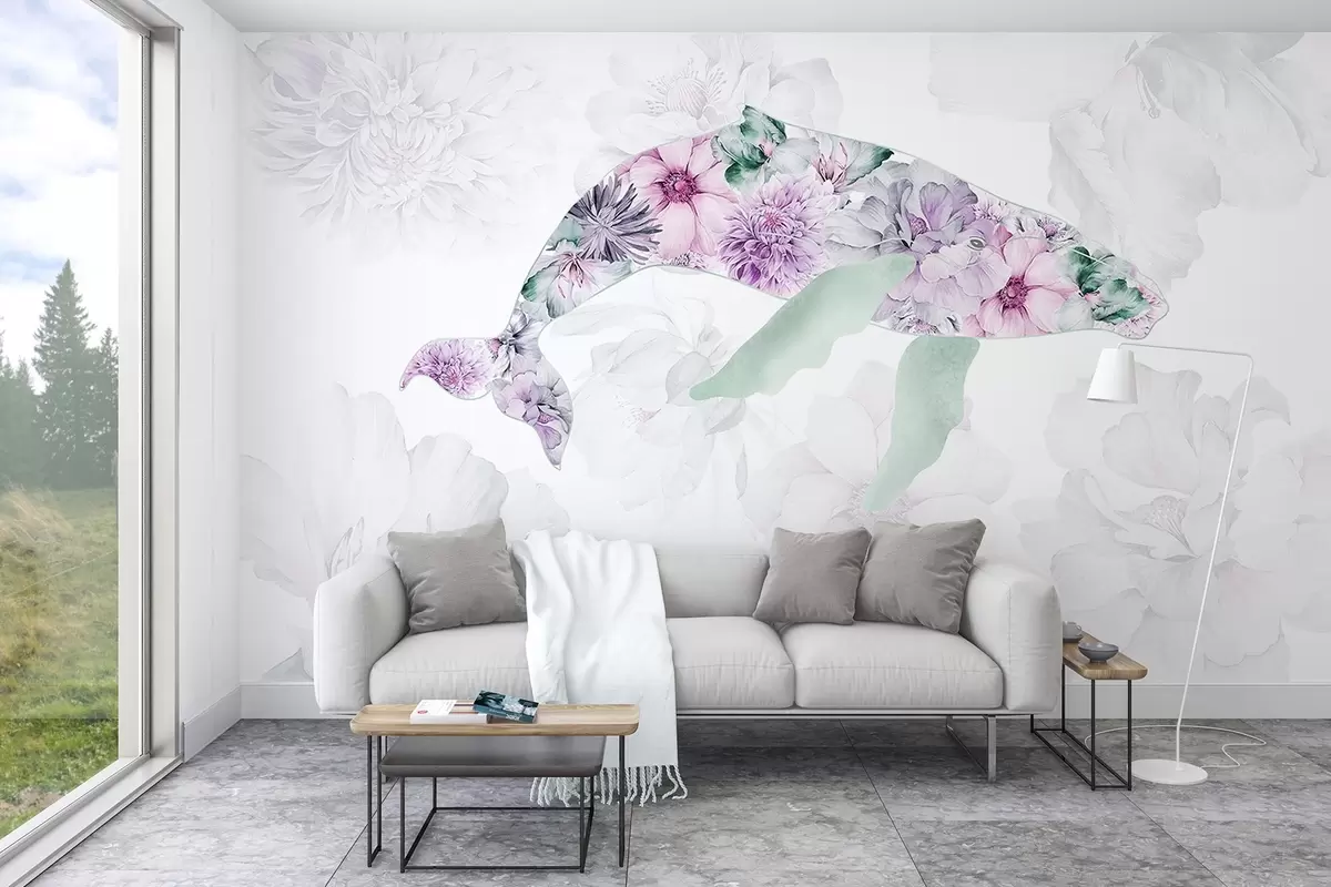 murales de pared Ballena con flores de acuarela, animales del océano, minimalismo, rosa y verde w03446v1