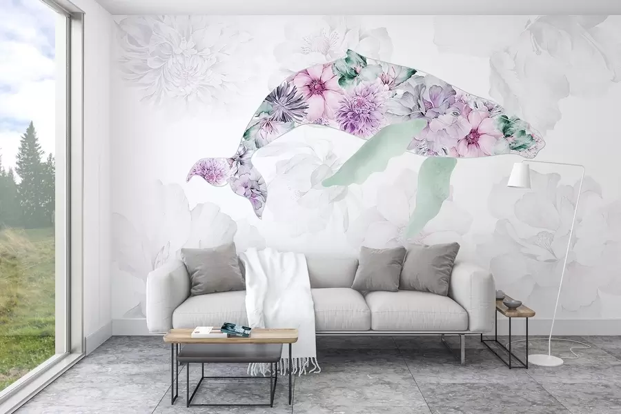 murales de pared Ballena con flores de acuarela, animales del océano, minimalismo, rosa y verde w03446v1