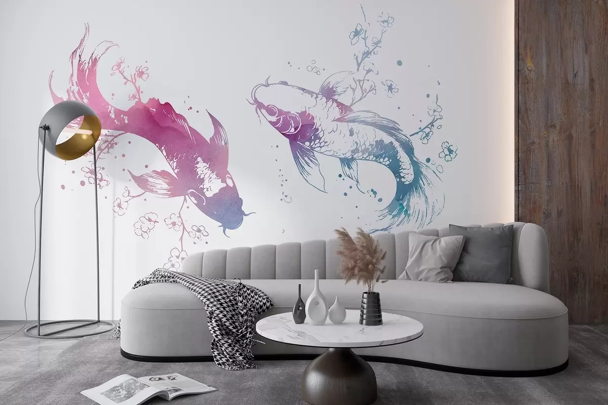 murales de pared Acuarela pez, estilo oriental, cerezo, azul y morado w03447