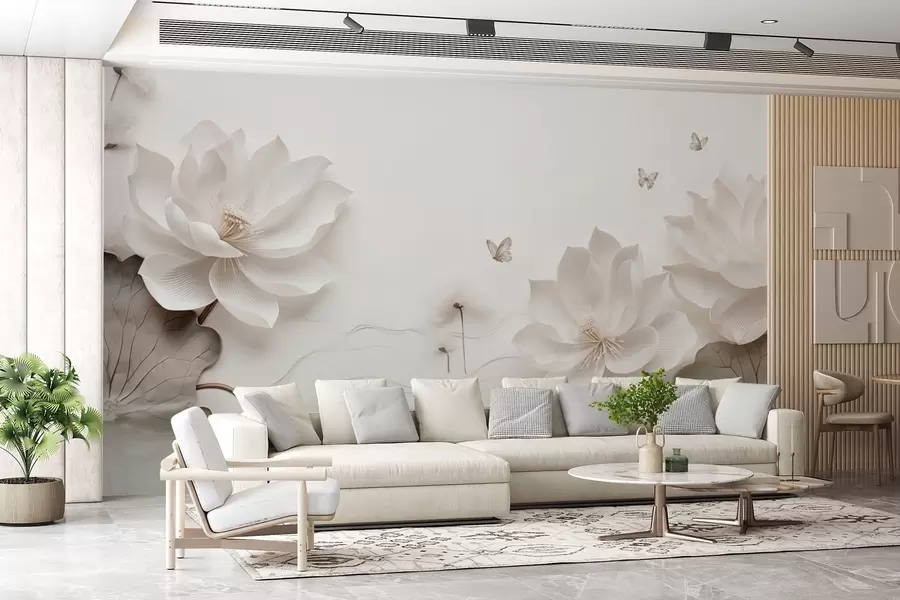 murales de pared Flores de loto con mariposas sobre el agua w03523